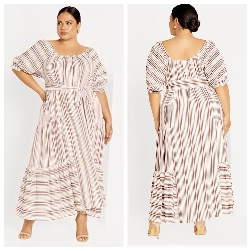 City Chic Jemima On Off Shoulder Maxi Dress Womens Sz XXS/12 Pink Striped Belted